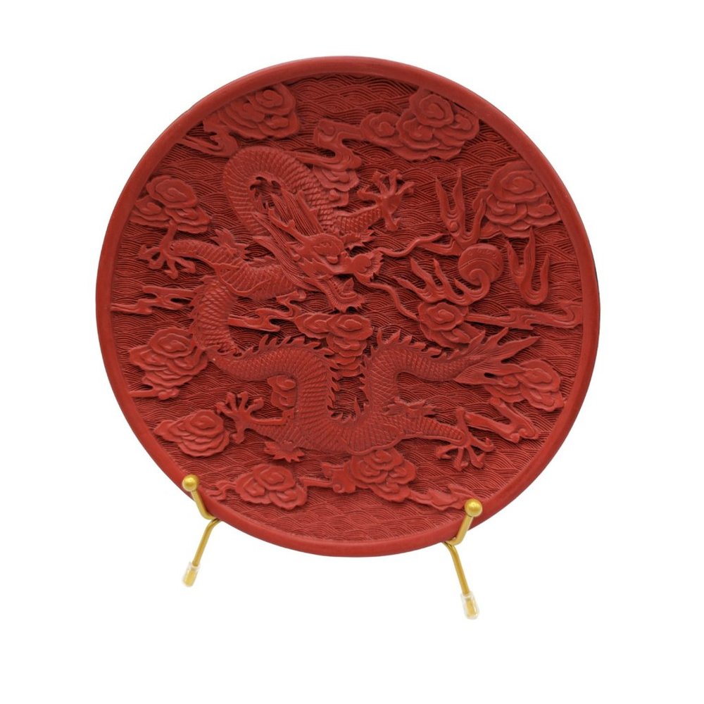 8" Old Chinese Red Lacquerware Carved  Dragon Flower Plate